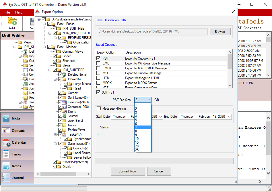 Split Converted PST File by Size